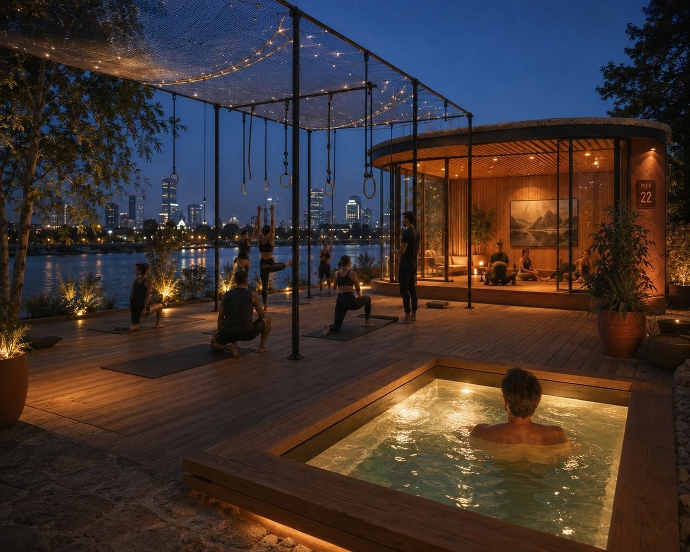 Movement Social Hub at Pier 22, Vienna: evening training on the larch deck, cold plunge in the foreground, Danube and skyline behind
